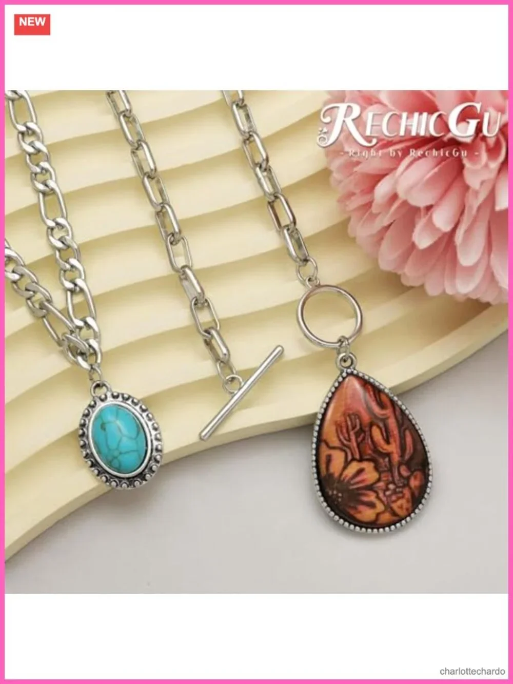 2 Pc Western Turquoise Pendant Necklace Set Boho Concho Cactus Toggle